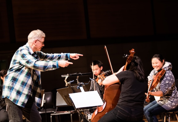 Kronos Quartet's David Harrington coaches San Francisco Unified School District students, credit Heidi Alletzhauser