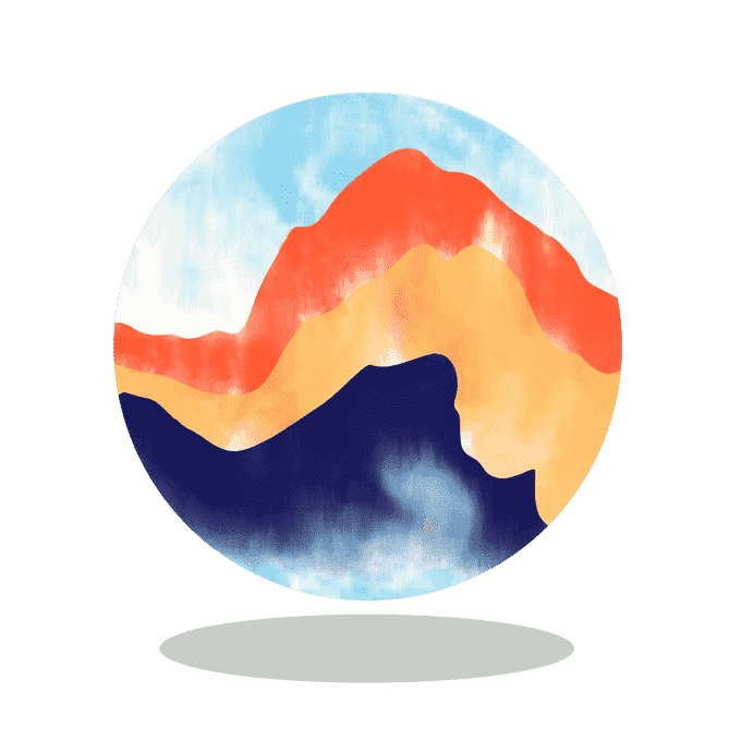 abstract art of red, orange, and blue mountain shapes